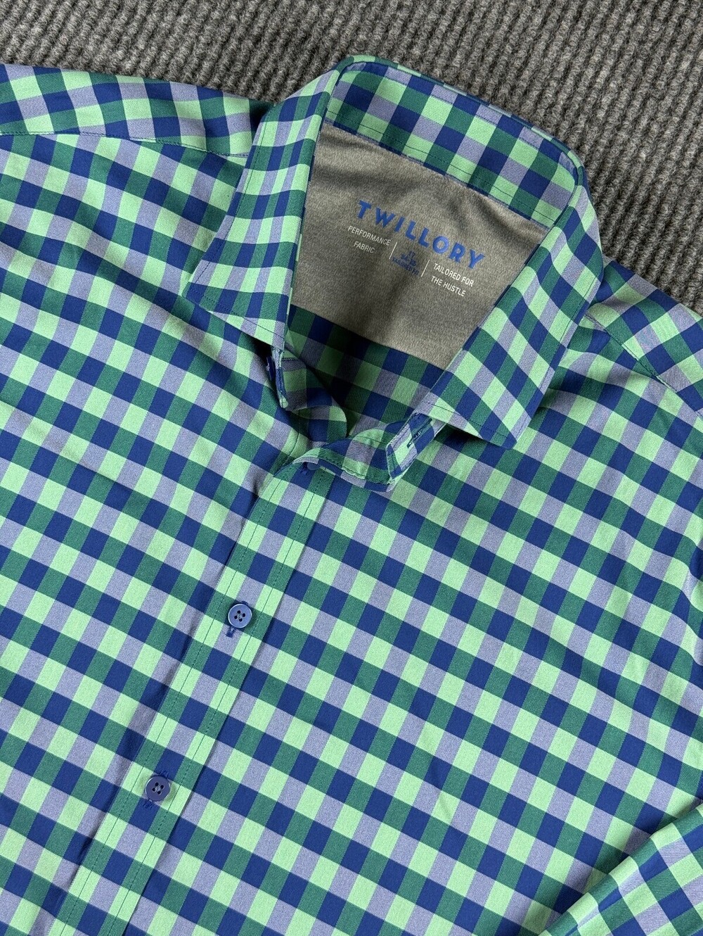 Twillory Performance Long Sleeve Button Up Mens 17 34/35 Blue Green Gingham